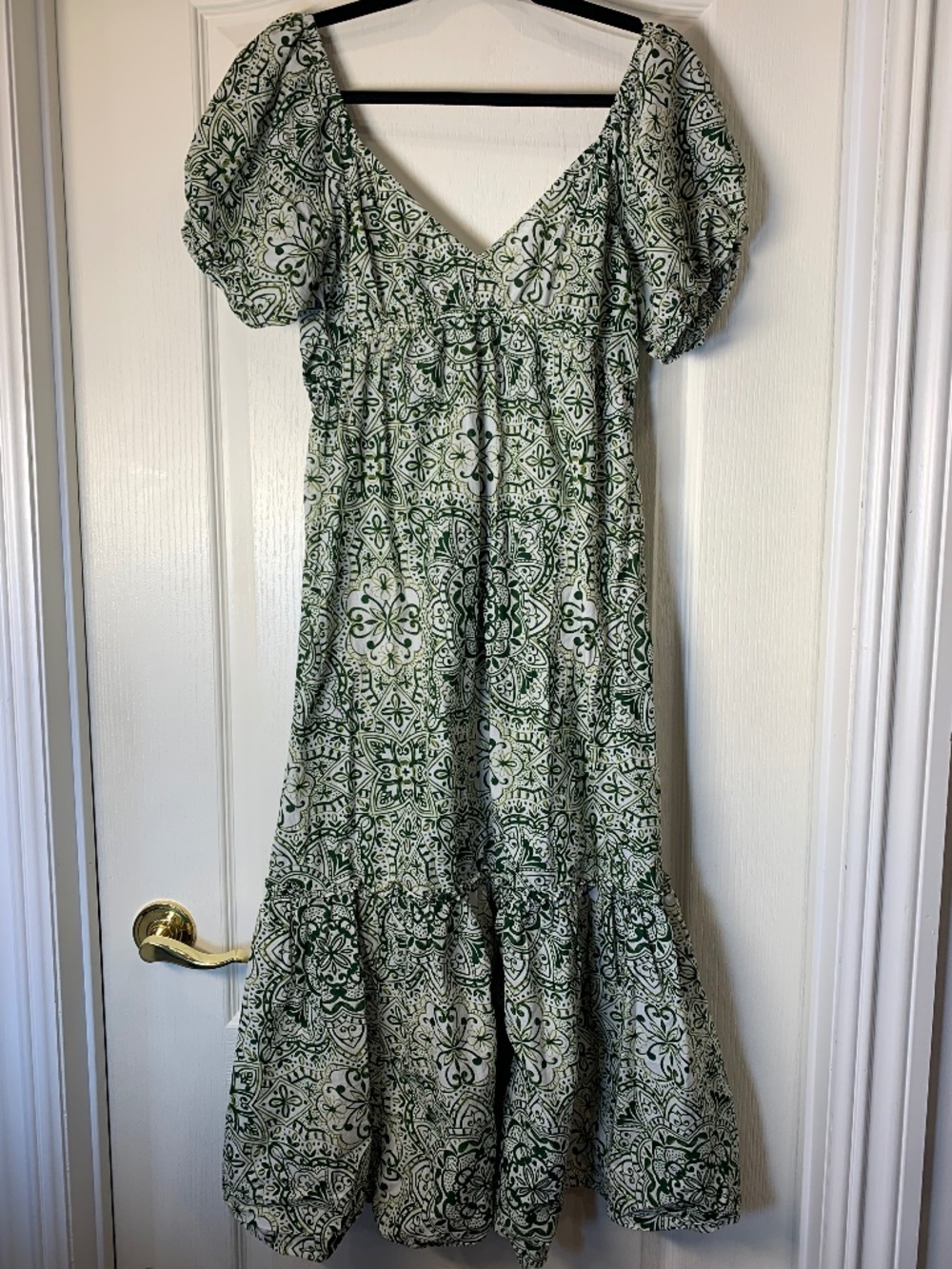 Primark Green White Tile Print Maxi Dress Puff Sleeve Cottagecore Boho Size 6 US